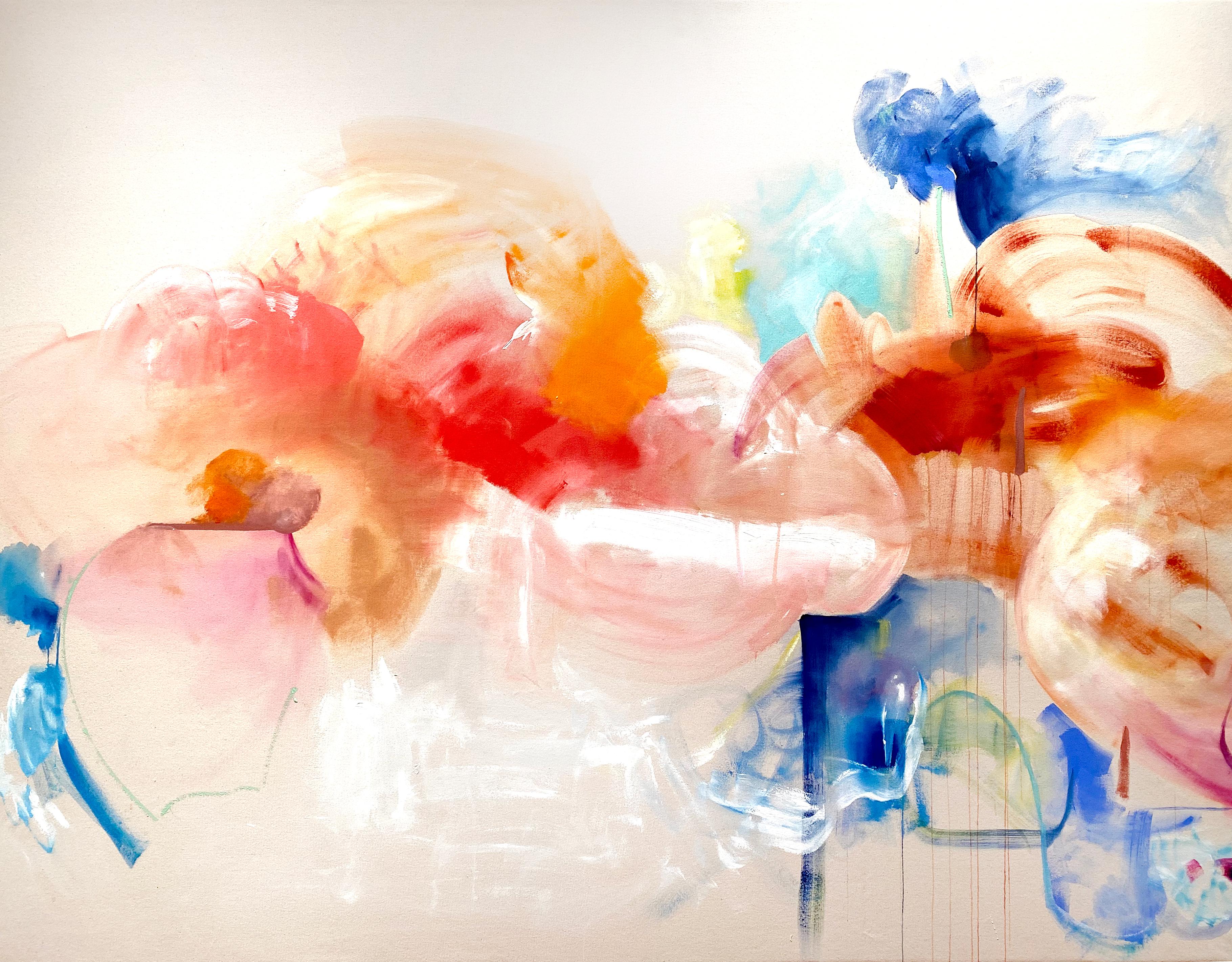 Large Abstract Expressionist Painting in Soft Pastel and Bold Color Tones