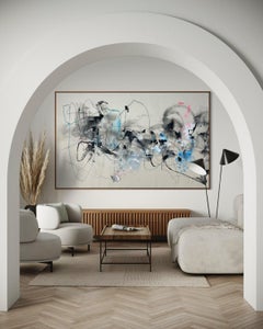 Large Horizontal Abstract Painting Black Grey Blue and Pink by Vicky Barranguet