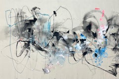 Large Horizontal Abstract Painting Black Grey Blue and Pink by Vicky Barranguet
