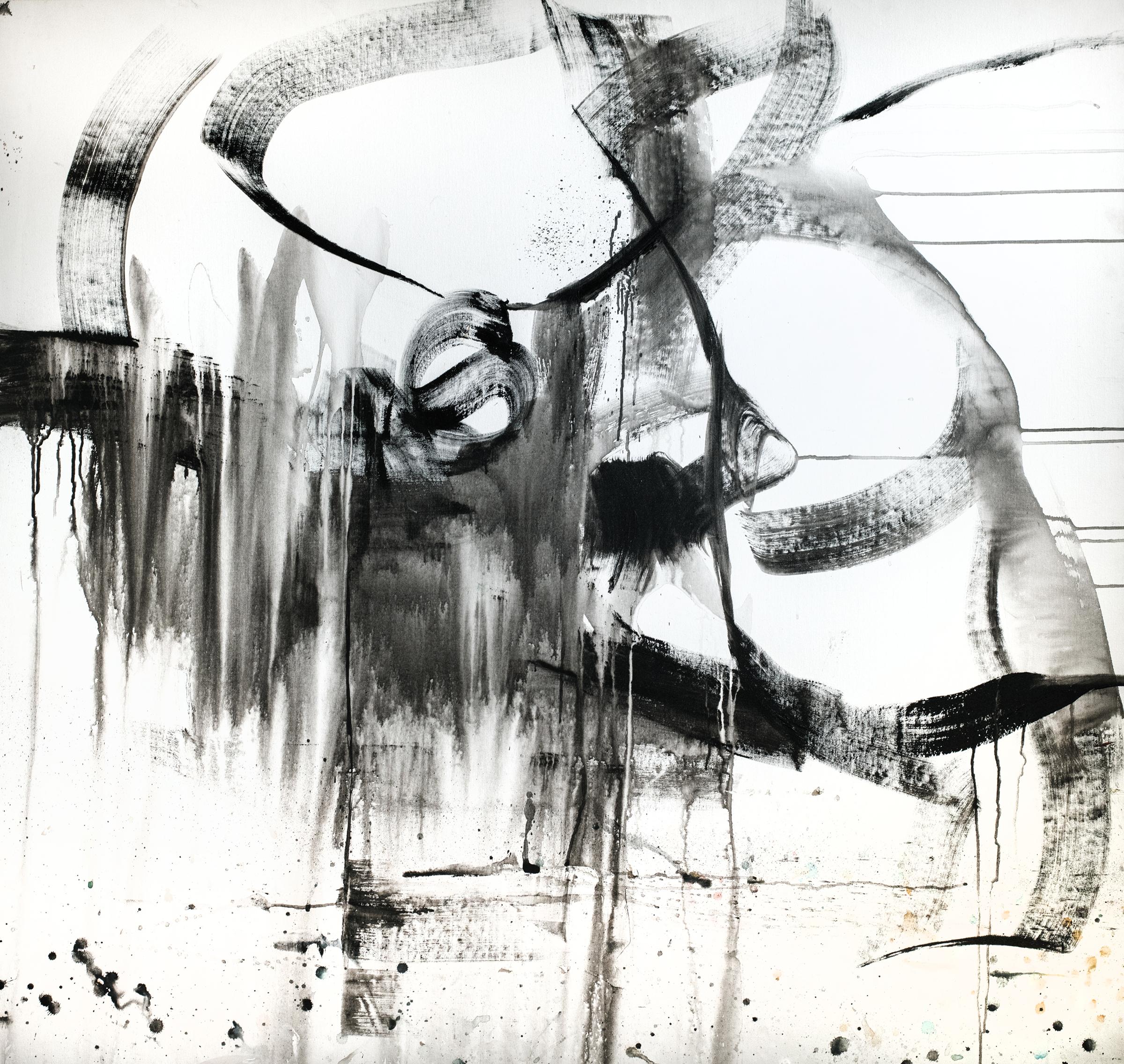 Large Black White Abstract Painting with Expressive Brushwork Vicky Barranguet