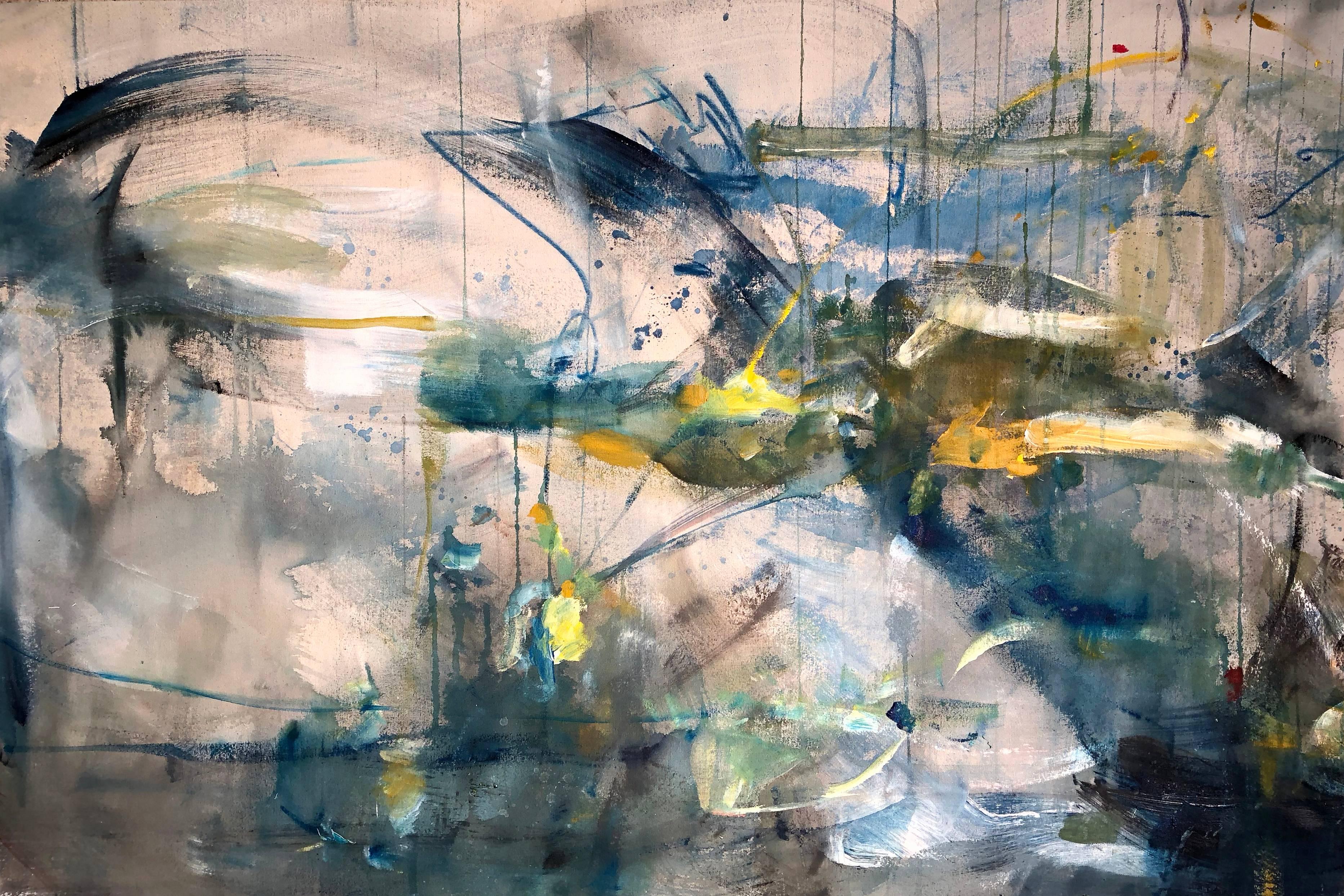Nothing Grows in a Straight Line by Vicky Barranguet, Abstract Painting, 2018
Acrylic on Canvas

This atmospheric composition by Vicky Barranguet captures the beauty of organic growth and constant transformation. Layered washes of blue, gray, ivory,