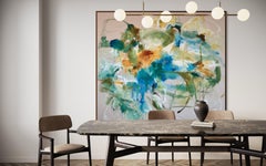 Abstract Expressionist Painting in Blue Green Ochre with Dynamic Gestural Layers