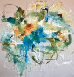 Abstract Expressionist Painting in Blue Green Ochre with Dynamic Gestural Layers