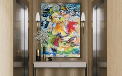 Pintura acrílica de estilo abstracto contemporáneo «Blue Flight», en tonos azules y verdes, 72x52 pulgadas