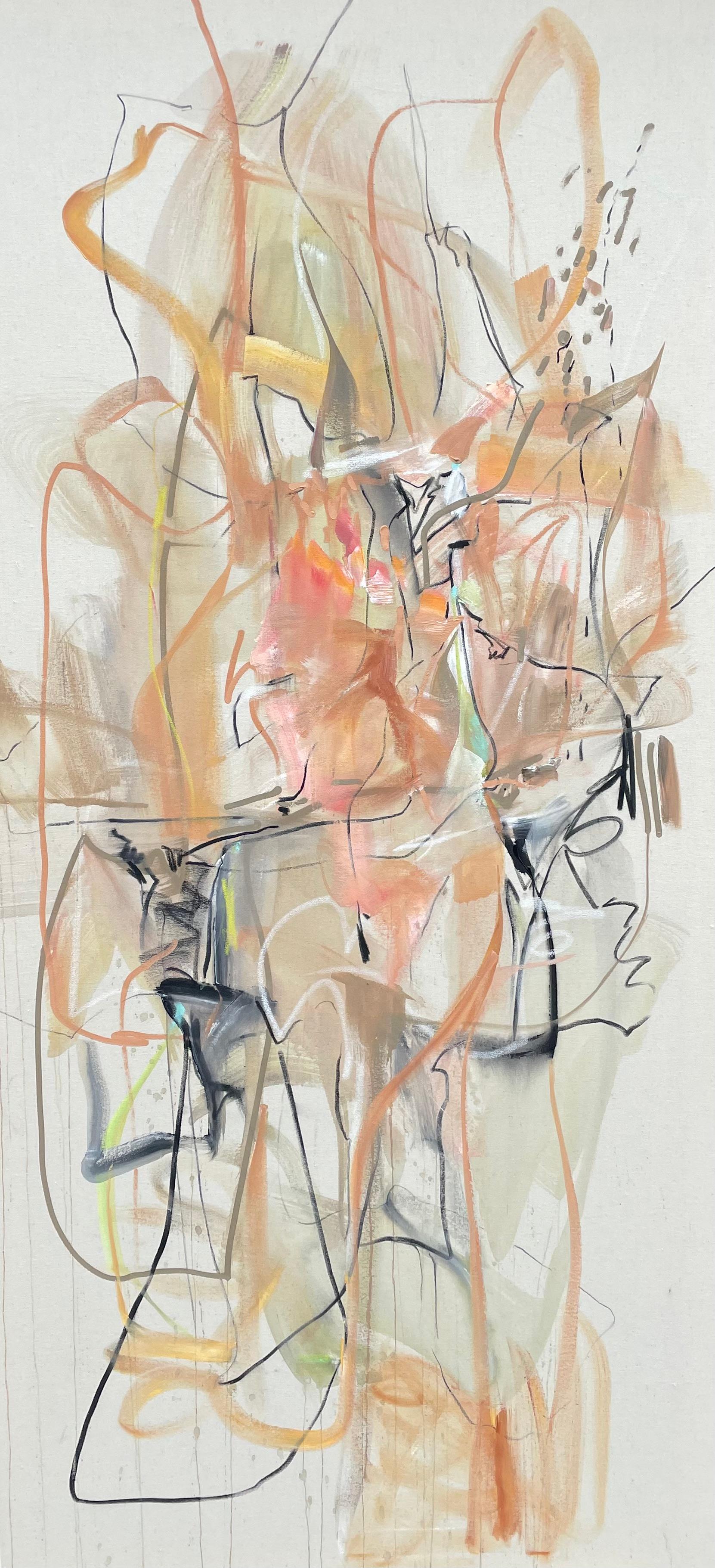Portal A by Vicky Barranguet Large Abstract Expressionist Painting, Acrylic 2022

A luminous tangle of gesture and light, this large-scale work by Vicky Barranguet unfolds across a vertical canvas in warm peach, amber, burnt orange, and soft grey.