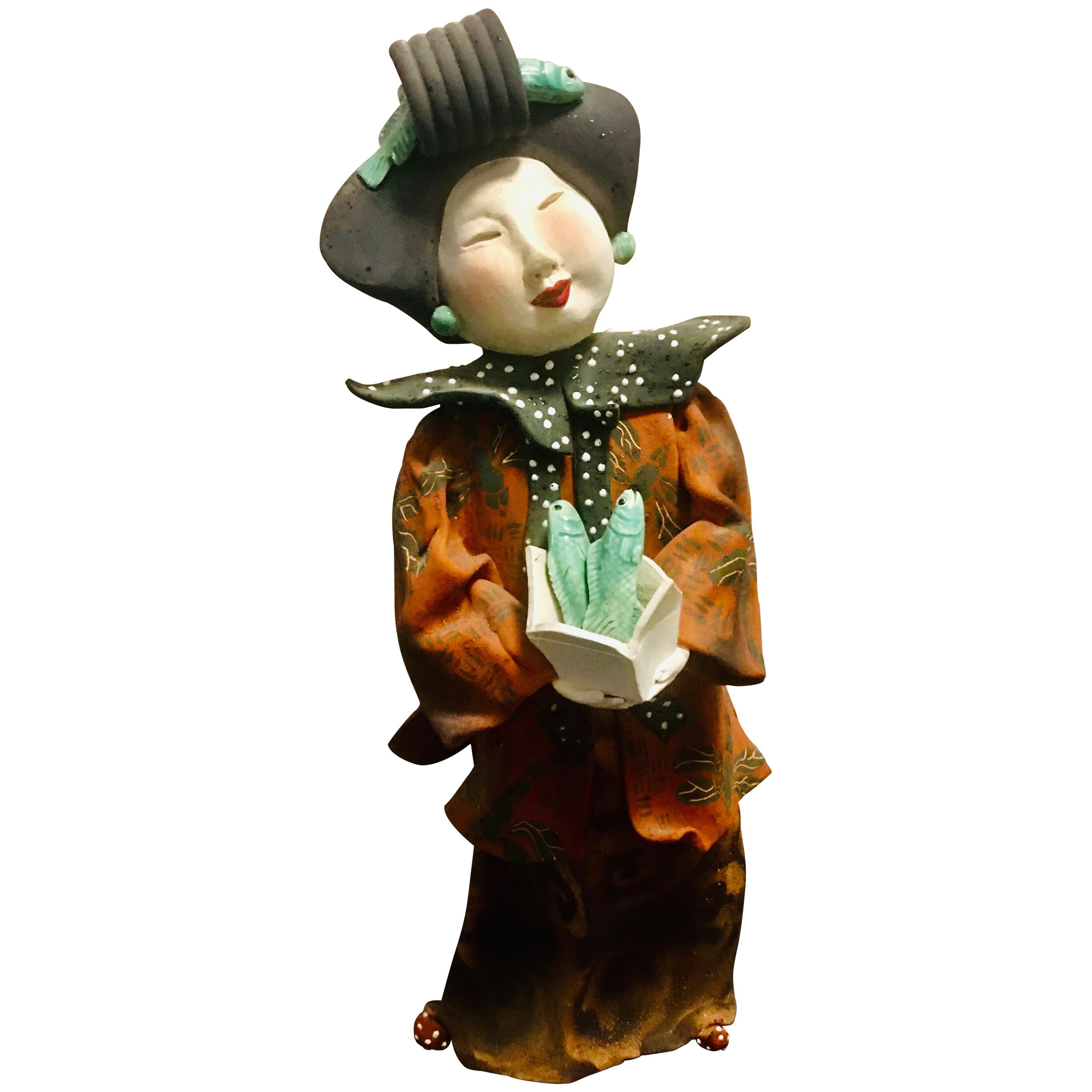 Vicky Chock "Chinese Lady Serving Fish" Modern Ceramic Sculpture For Sale
