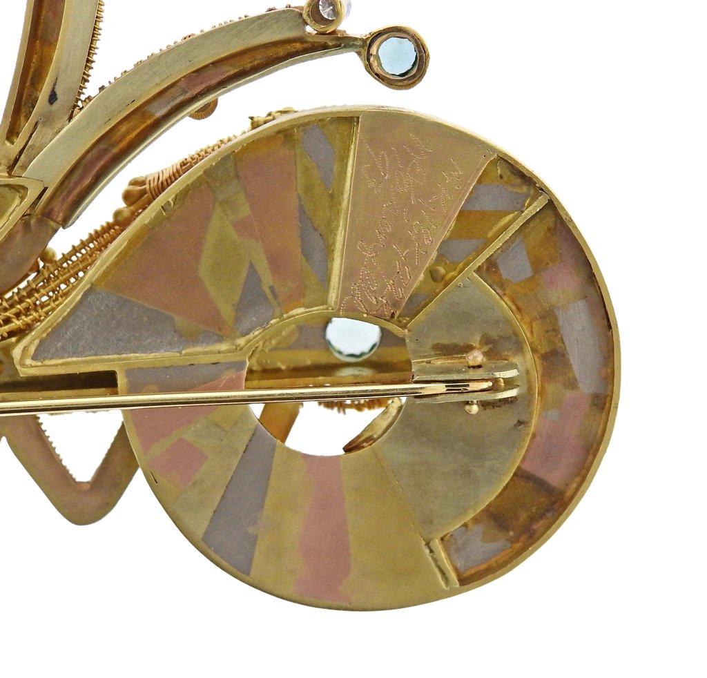Women's or Men's Vicky Eisenfeld Gold Gemstone Diamond Large Brooch Pin For Sale