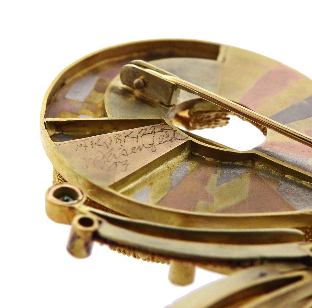 Vicky Eisenfeld Gold Gemstone Diamond Large Brooch Pin For Sale 1