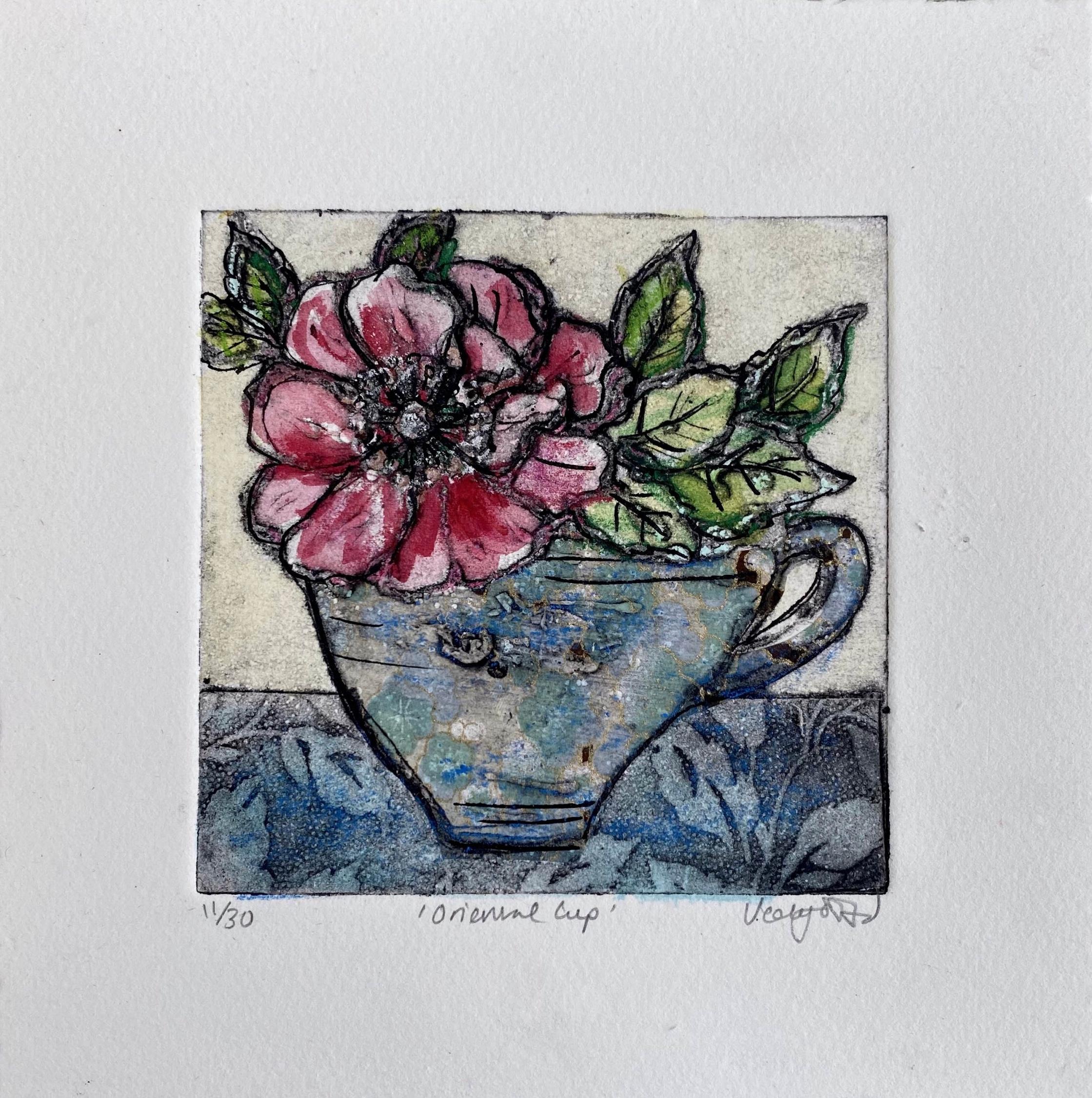 Vicky Oldfield  Landscape Print - Oriental Cup by Vicky Oldfield, Collagraph print, Handmade print, Still life art