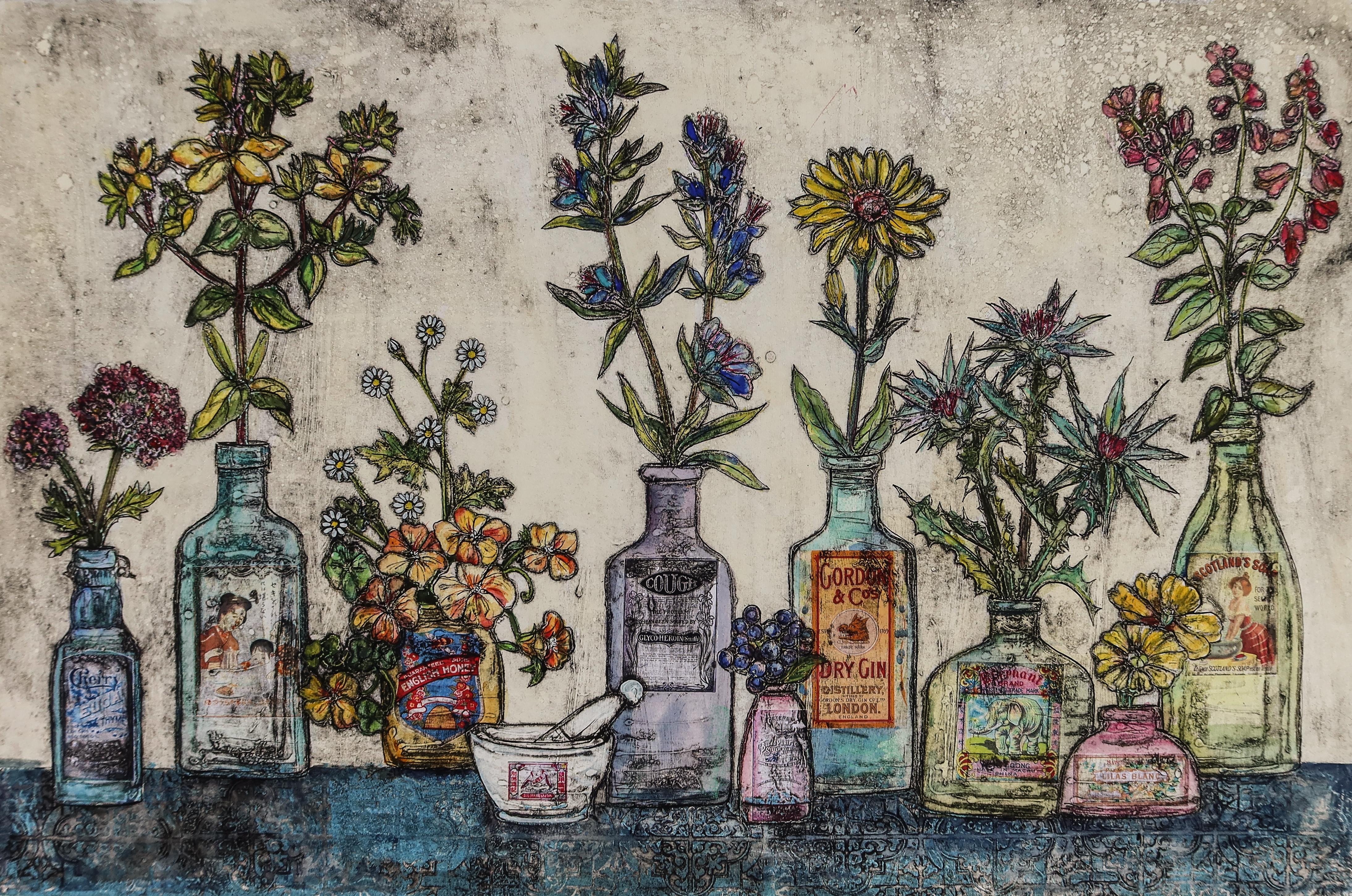 Botanical Healers, nature morte, fleurs, floral  - Gris Still-Life Print par Vicky Oldfield