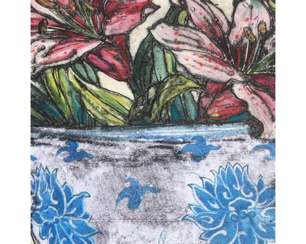 Bowl of Lilies with Collagraph Print by Vicky Oldfiel  For Sale 4