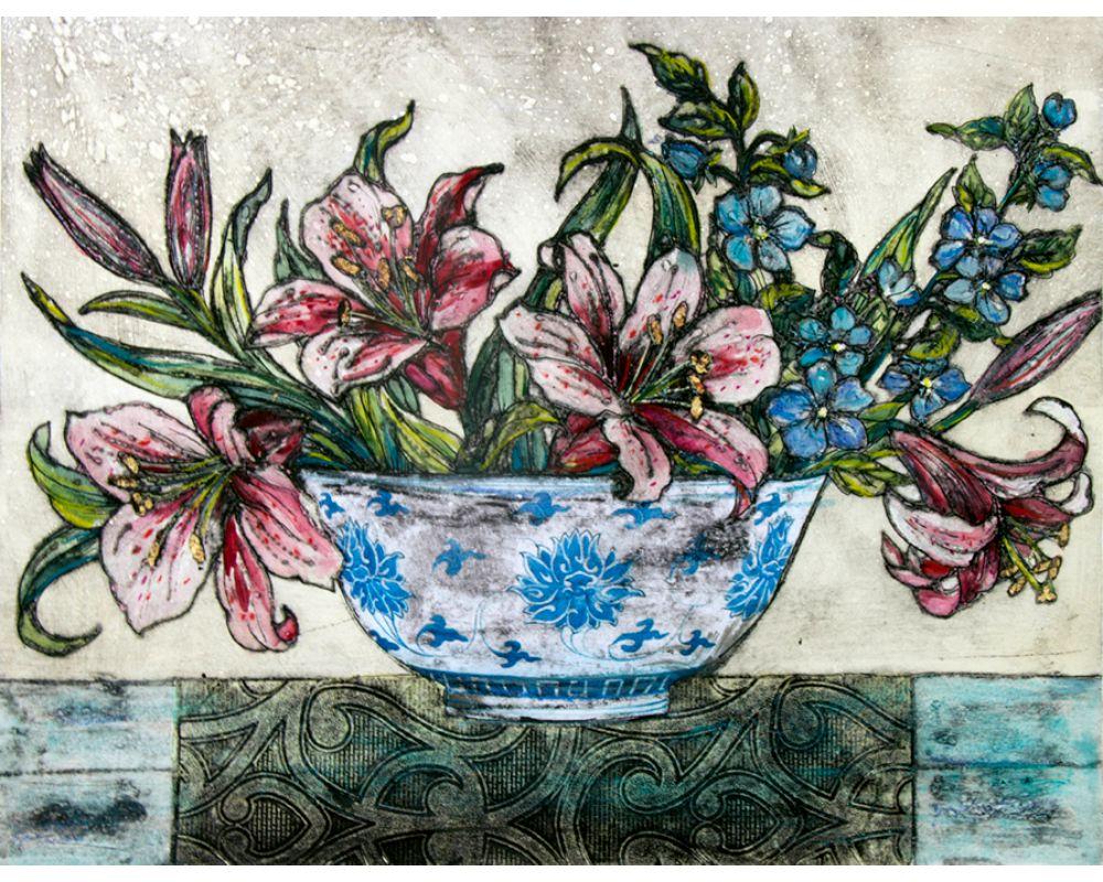 Vicky Oldfield Still-Life Print - Bowl of Lilies with Collagraph Print by Vicky Oldfiel 