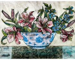 Bowl of Lilies with Collagraph Print by Vicky Oldfiel 