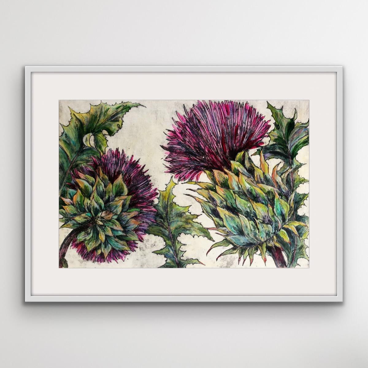 Vicky Oldfield artist and printmaker, ‘Cardoon’ is a hand coloured collagraph print, the print is taken from a plate which has been collaged with a variety of textured materials. The plates are then sealed and then inked up and printed in intaglio