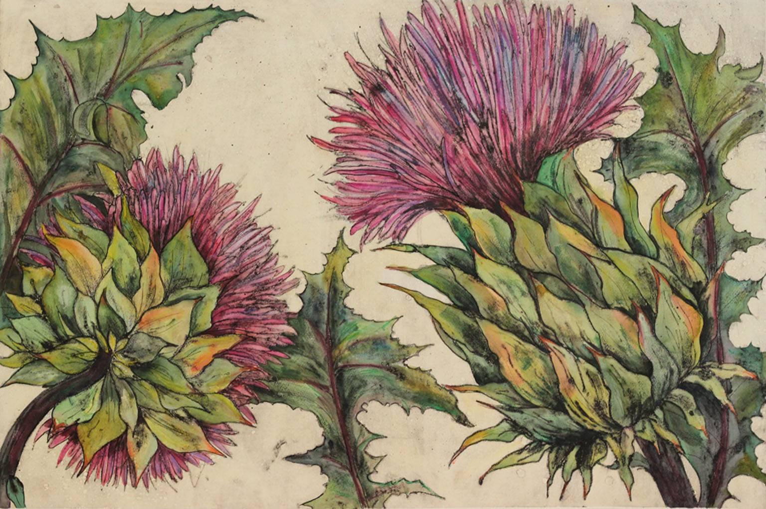 Vicky Oldfield Still-Life Print – Karteneil, Stilllebenkunst, Blumenkunst, rosa und grüner Druck, repräsentative Kunst