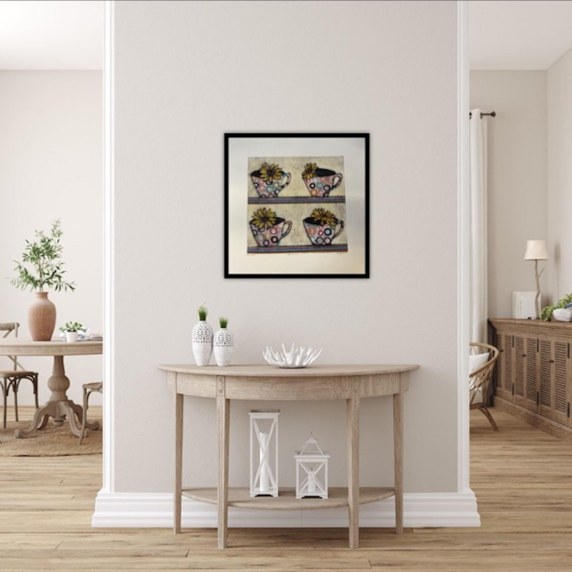 Cups in a row BY VICKY OLDFIELD, Still Life Print, Bright Art, Limited Edition  - Brown Interior Print by Vicky Oldfield