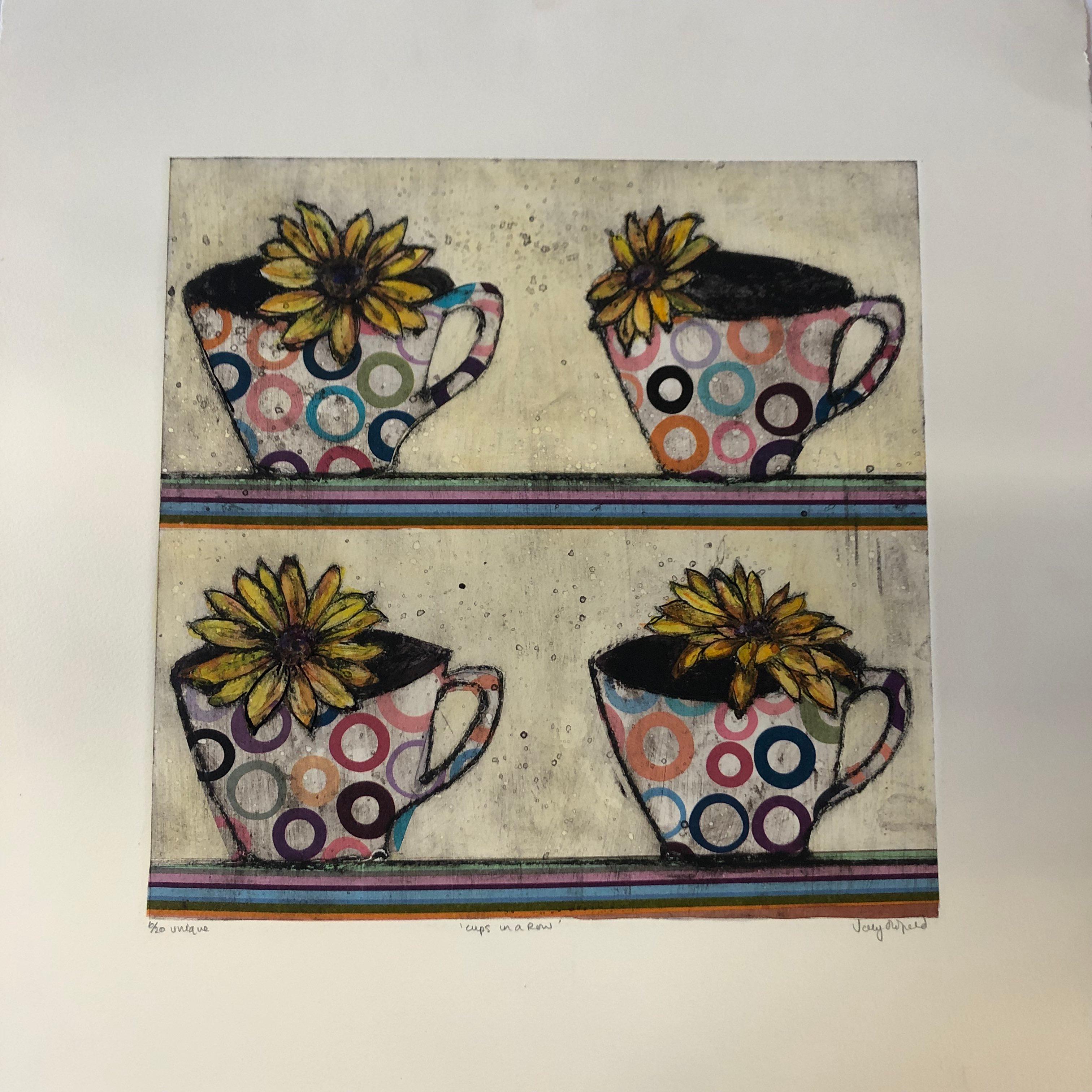 Cups in a Row Collagraph Print by Vicky Oldfield For Sale 2