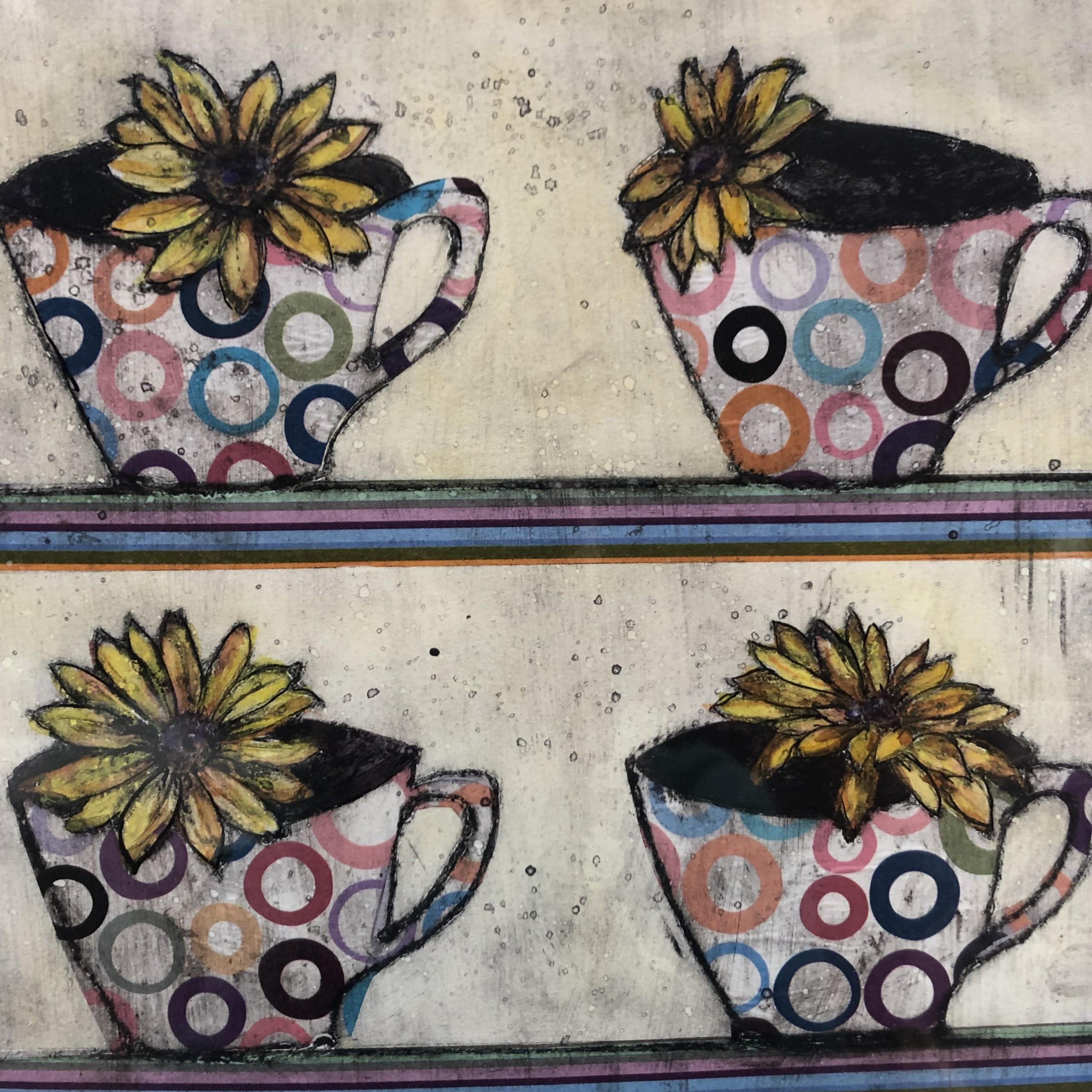 Cups in a Row is a limited edition hand coloured collagraph with chine colle by Vicky Oldfield.  Each print is individually painted, making every one unique.

Vicky Oldfield the artist is renowned for her distinctive pictures; the subjects are the