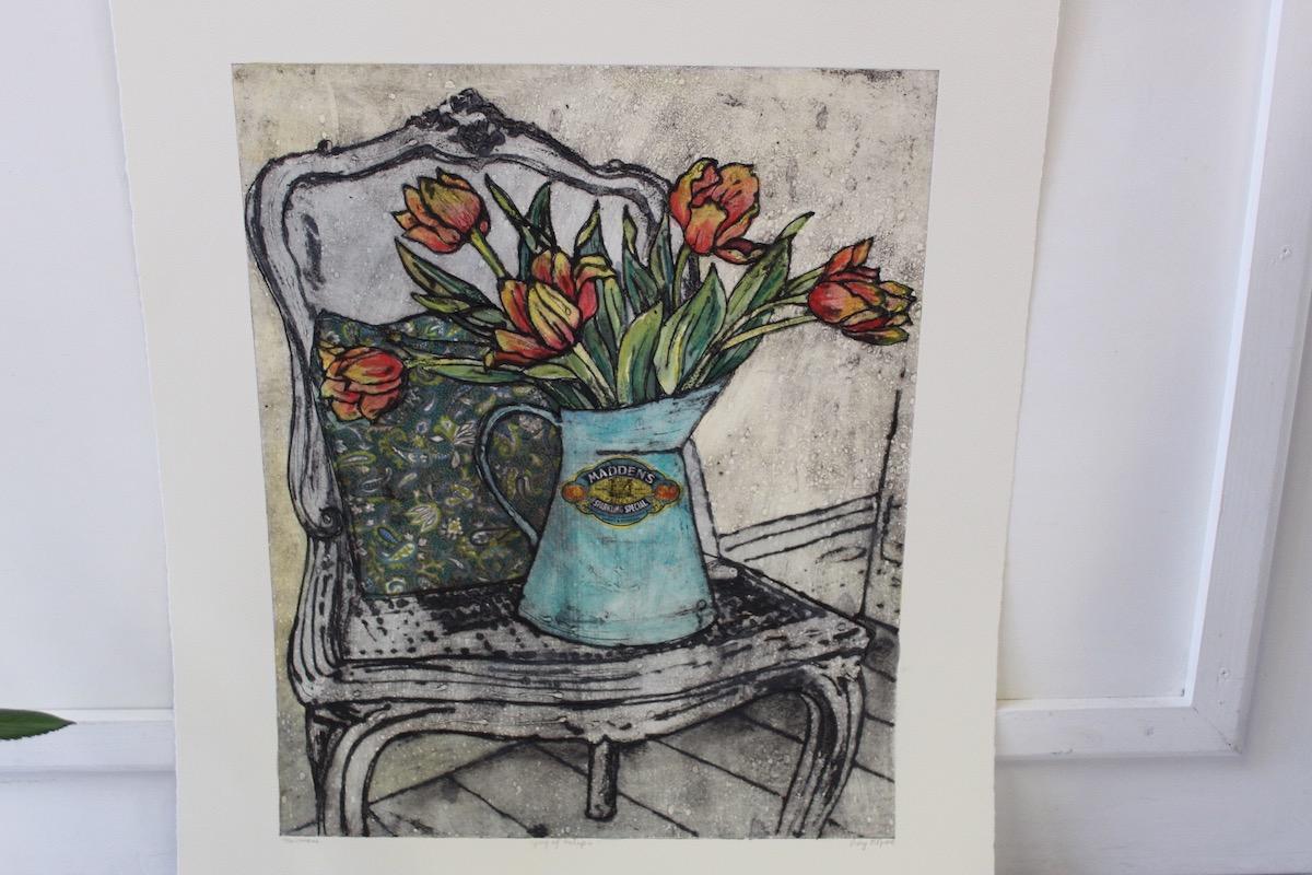 Vicky Oldfield, ‘Jug of Tulips’
limited edition and hand signed by the artist
Collagraph print on Paper 
Image size: H:49CM X W:40CM
Complete size of unframed work: H:63.5CM X W:53CM
Sold unframed 
Please note that insitu images are purely an
