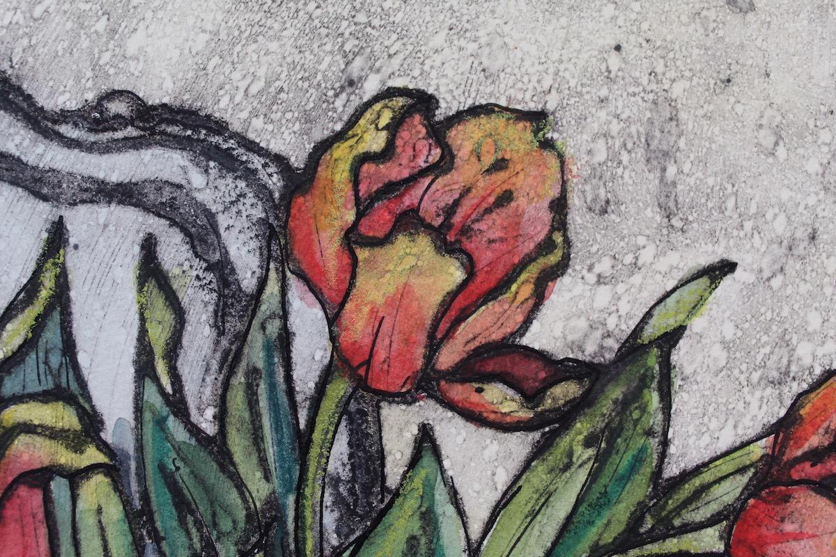 Jug of Tulips, Vicky Oldfield, Limited edition print, Handmade Collagraph print  For Sale 2