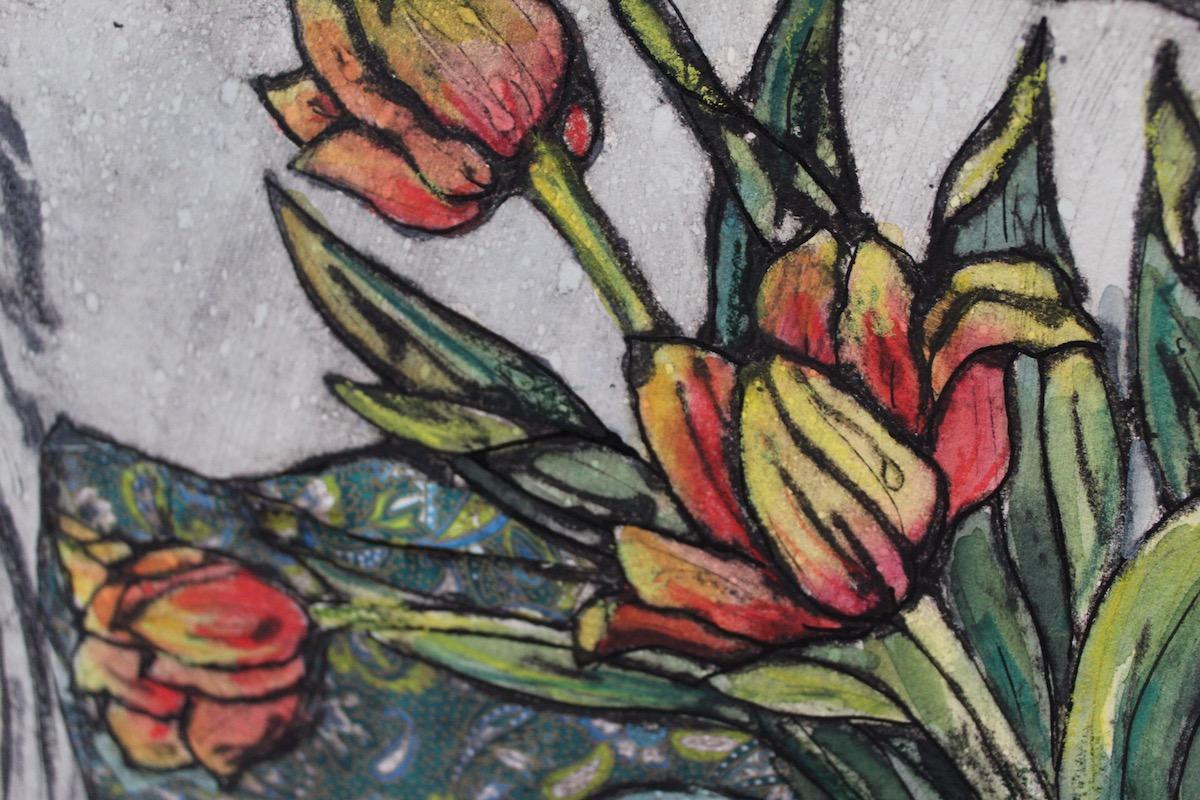 Jug of Tulips, Vicky Oldfield, Limited edition print, Handmade Collagraph print  For Sale 4