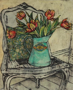 Used Jug of Tulips, Vicky Oldfield, Limited edition print, Handmade Collagraph print 