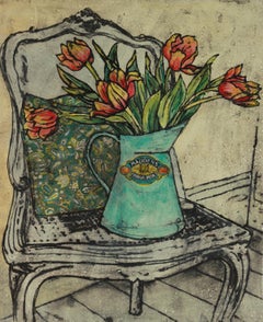 Jarra de tulipanes, Vicky Oldfield, Impresión en edición limitada, Impresión en collage hecha a mano