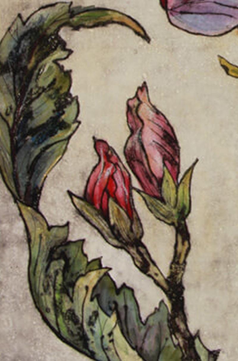 Look at me, rosa und grauer Blumendruck in limitierter Auflage, Collograph Flower Art (Grau), Landscape Print, von Vicky Oldfield