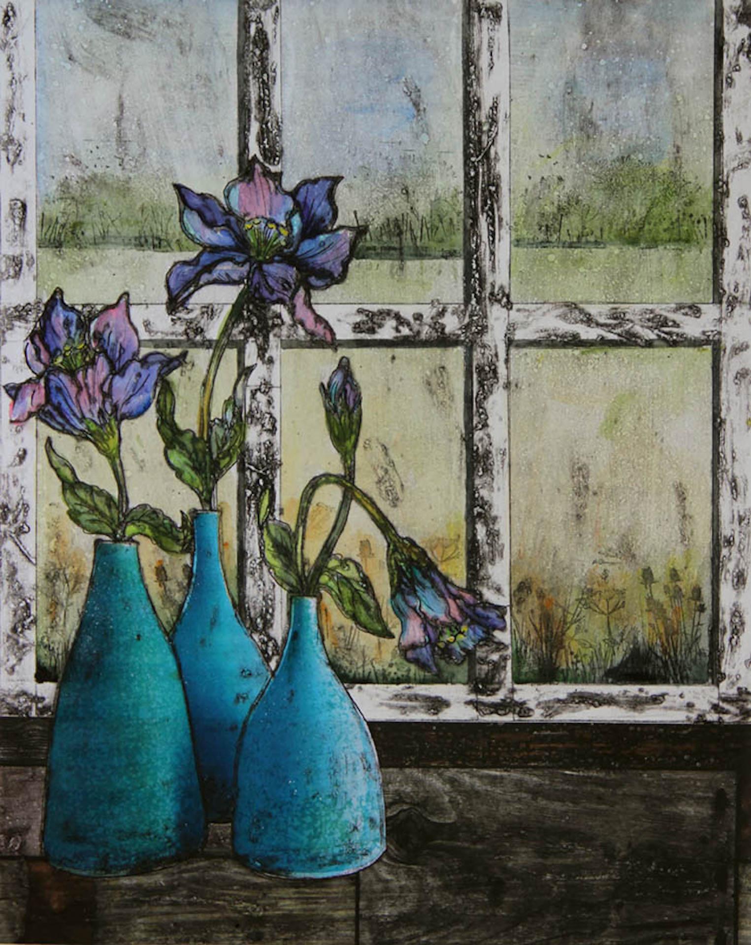 Vicky Oldfield Still-Life Print - On my Windowsill BY VICKY OLDFIELD, Flower Art, Bright Art, Still Life Print