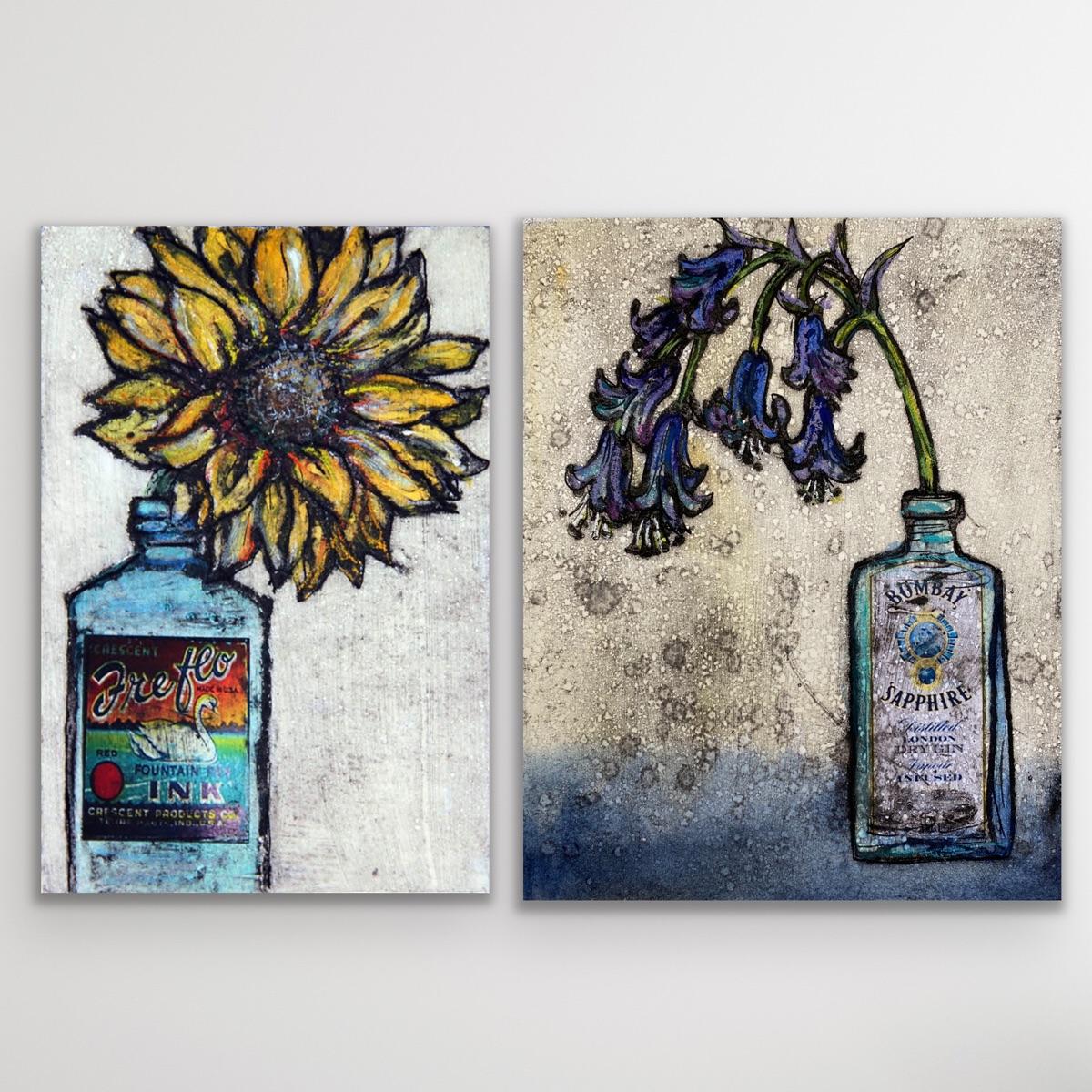 Vicky Oldfield Still-Life Print – Quiet Schönheit und Sonnenblume in einer Flasche, Kunstdruck, Blumen, Blumen- und Blumenstillleben 
