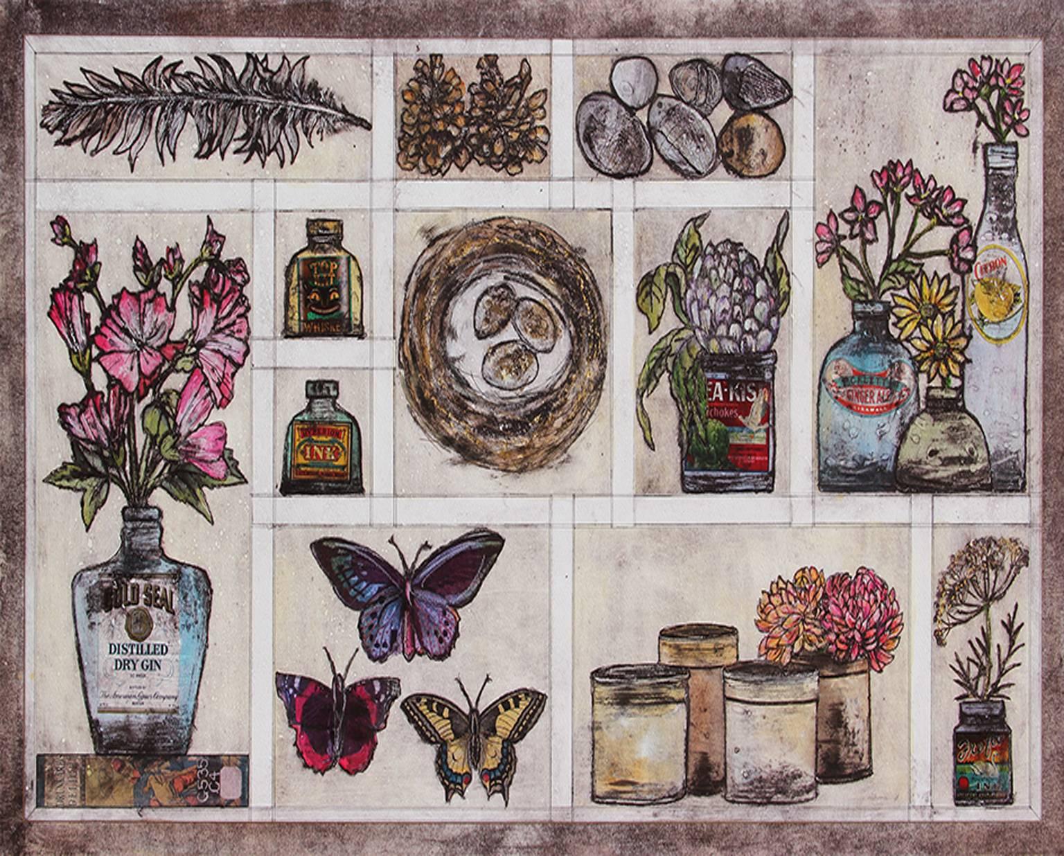 Vicky Oldfield, ‘Autumn Collection’ is a hand coloured collograph print; the print is taken from a plate which has been collaged with a variety of textured materials. The plates are then sealed and then inked up and printed in intaglio on damp paper