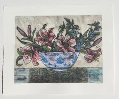 Vicky Oldfield, Bowl of Lilies, Collograph Print, Contemporary Still Life Print