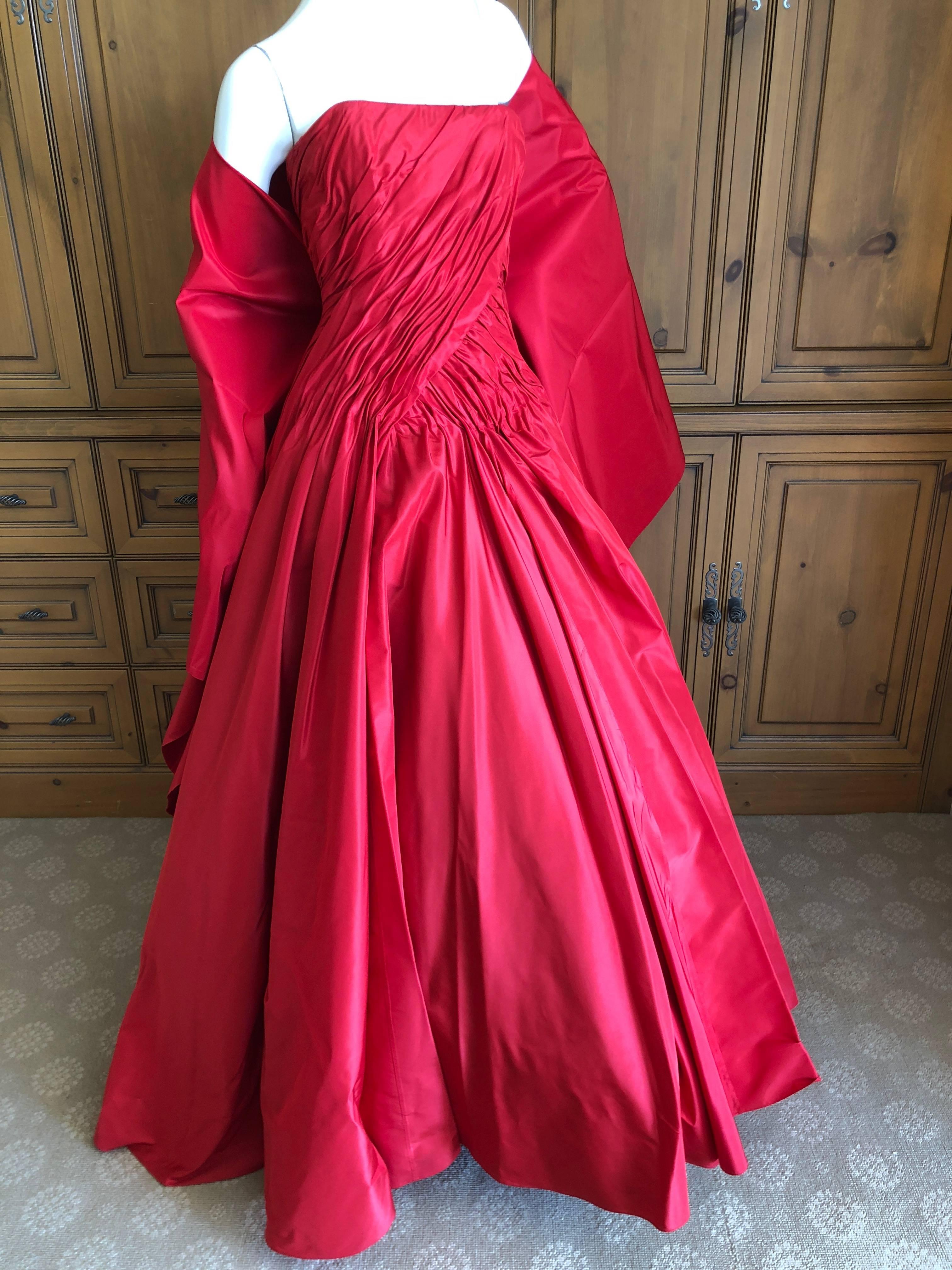Women's Vicky Teil Couture Paris 70's Red Silk Ballgown w Four Petticoats and Shawl Wrap