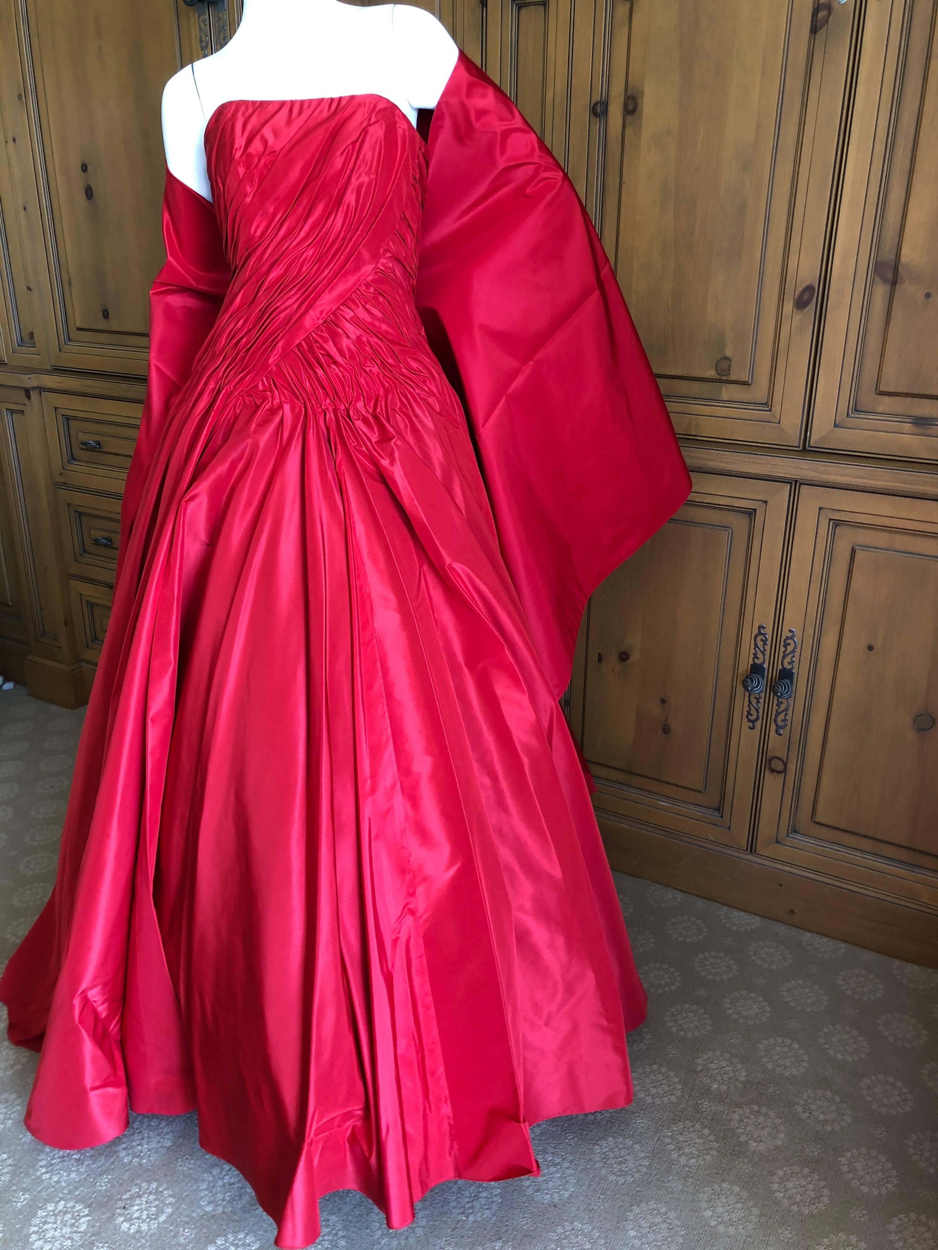 Vicky Teil Couture Paris 70's Red Silk Ballgown w Four Petticoats and Shawl Wrap 1