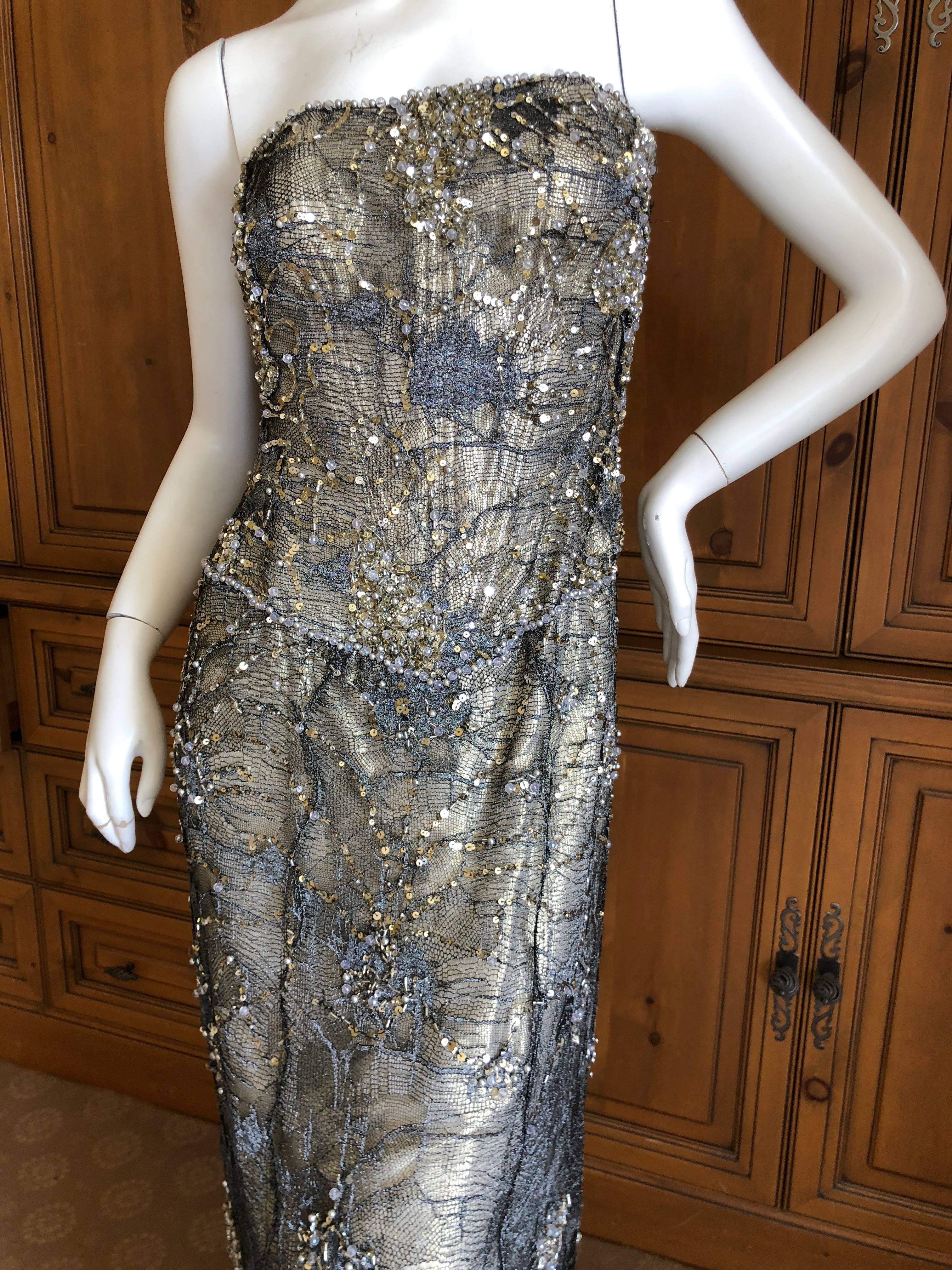 Vicky Teil Couture Paris Bergdorf Goodman Gold Corseted Strapless Beaded Dress For Sale 3