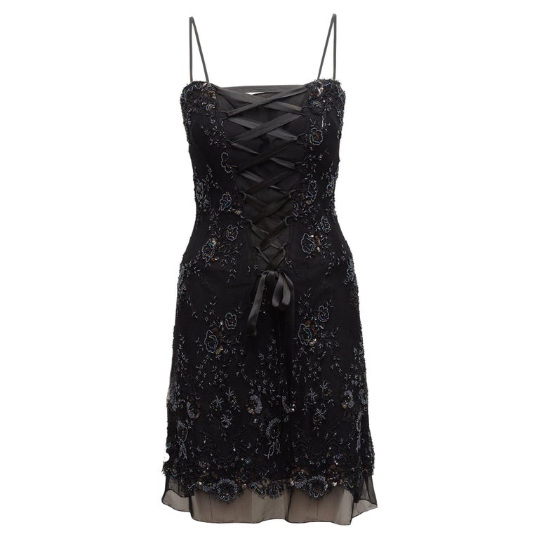Vicky Tiel Black Beaded Lace Corset Dress For Sale at 1stDibs