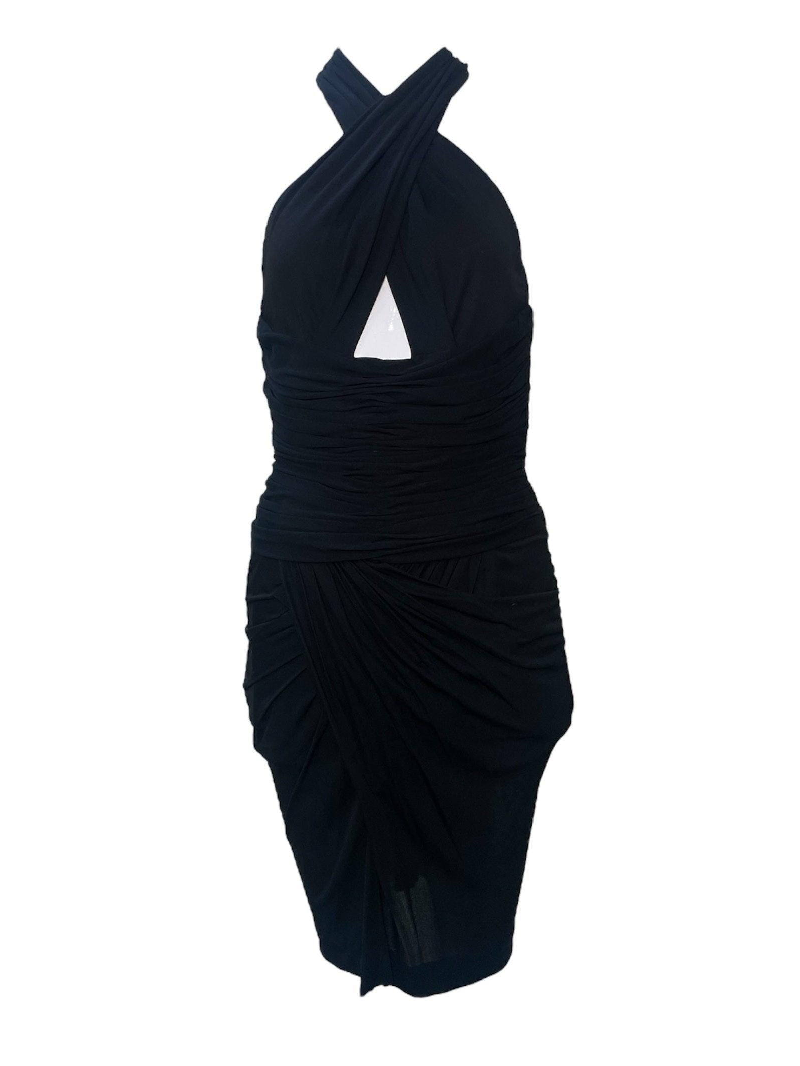 Vicky Tiel Black Jersey Halter Neck Bodycon Cocktail Dress, 1980s For Sale