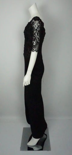 Vicky Tiel Black Lace Beaded and Silk Off Shoulder Gown