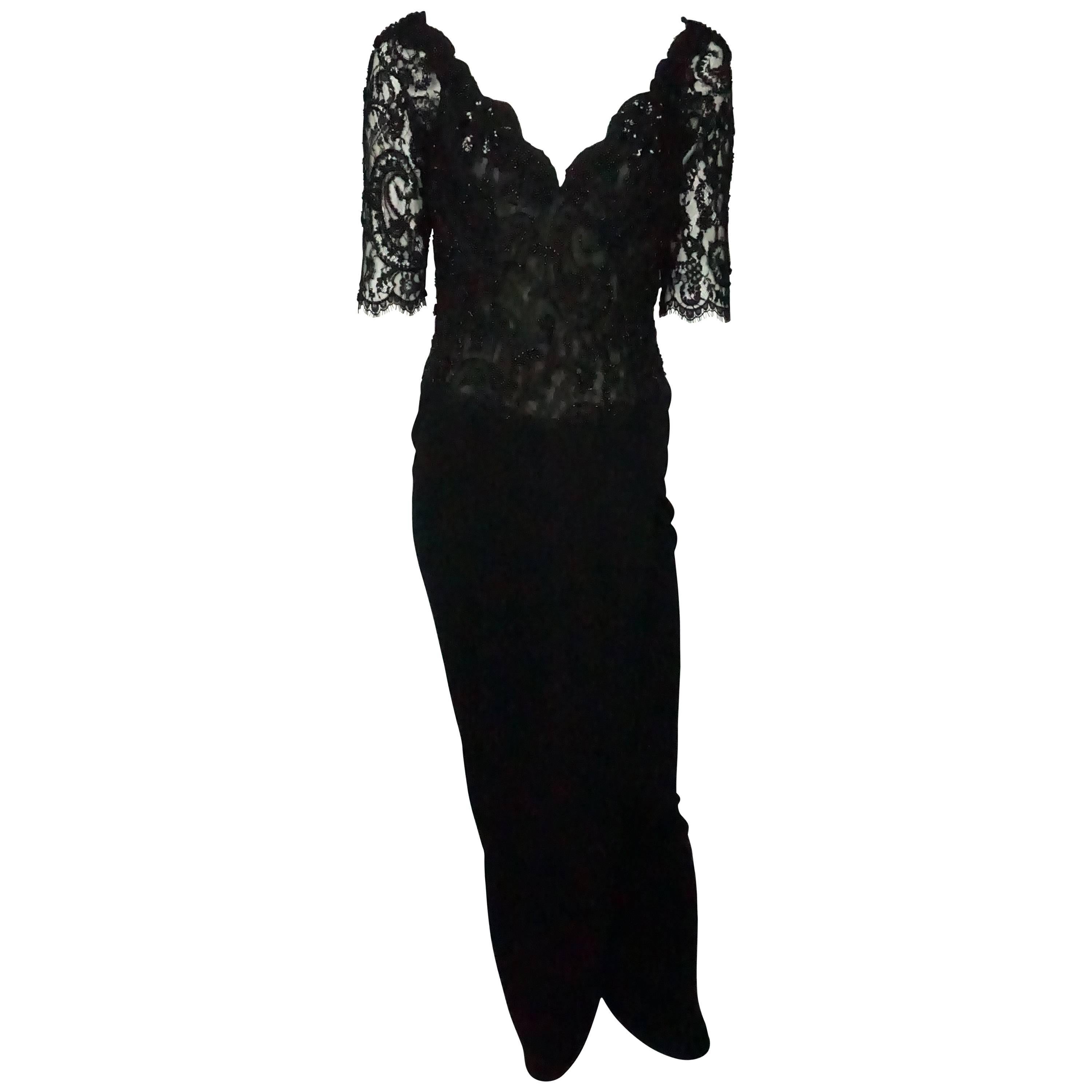 Vicky Tiel Schwarzes schulterfreies Kleid aus Seide mit Spitze, Perlen und Seide im Angebot
