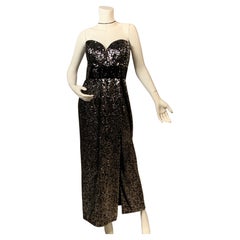 Vicky Tiel Black Strapless Silver Sequin Evening Dress Slit to Waist