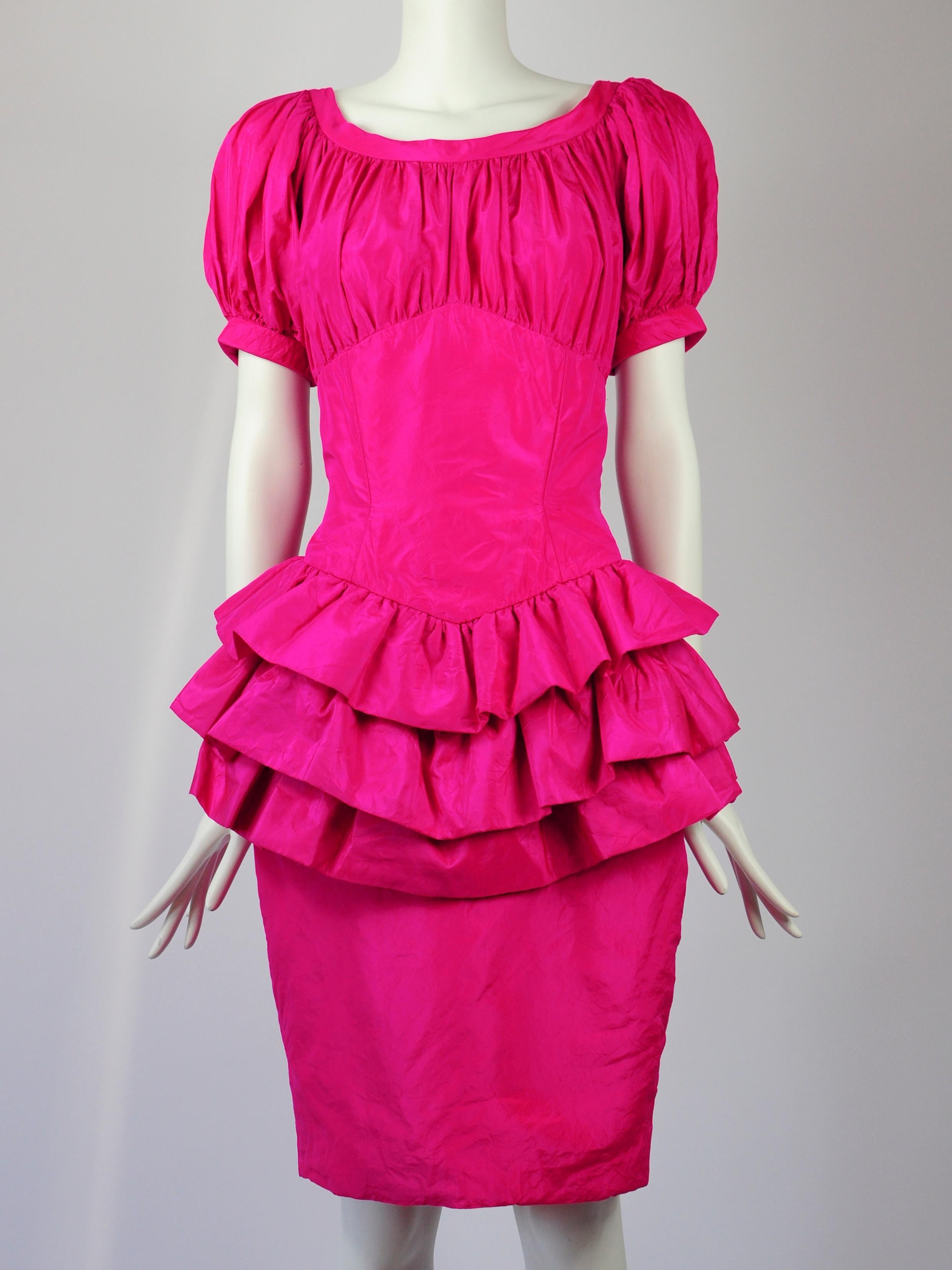 Vicky Tiel Couture Cocktail Dress Fuchsia Pink Silk Ruffles 1990s For Sale 1