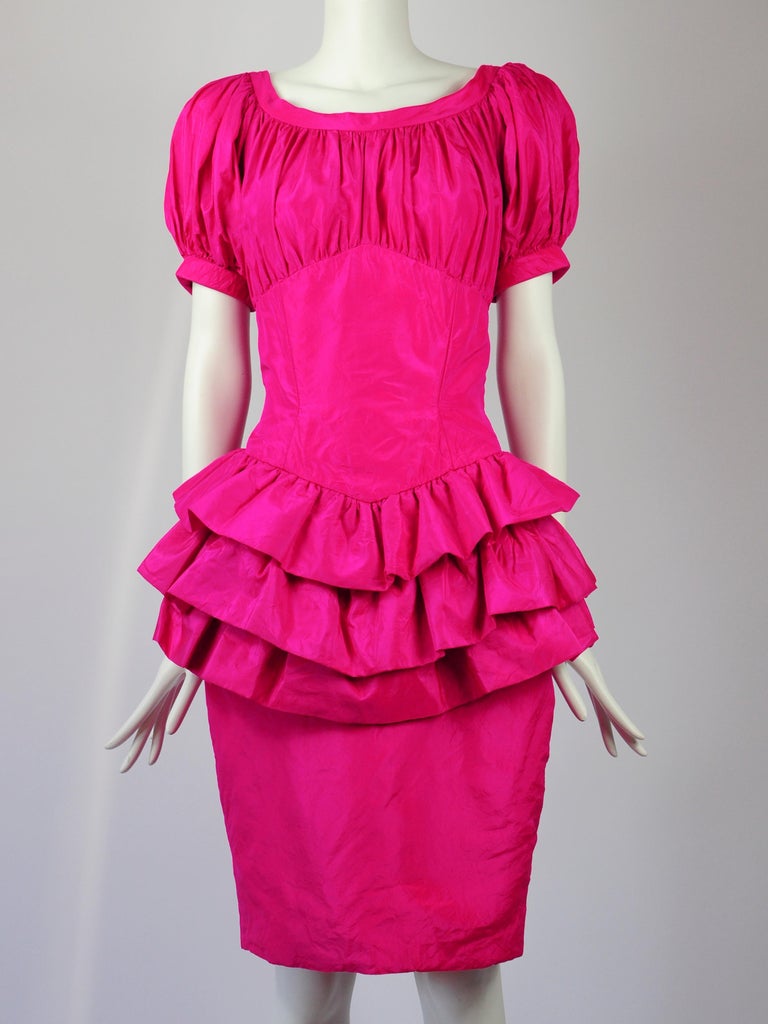Vicky Tiel Couture Cocktail Dress Fuchsia Pink Silk Ruffles 1990s For ...