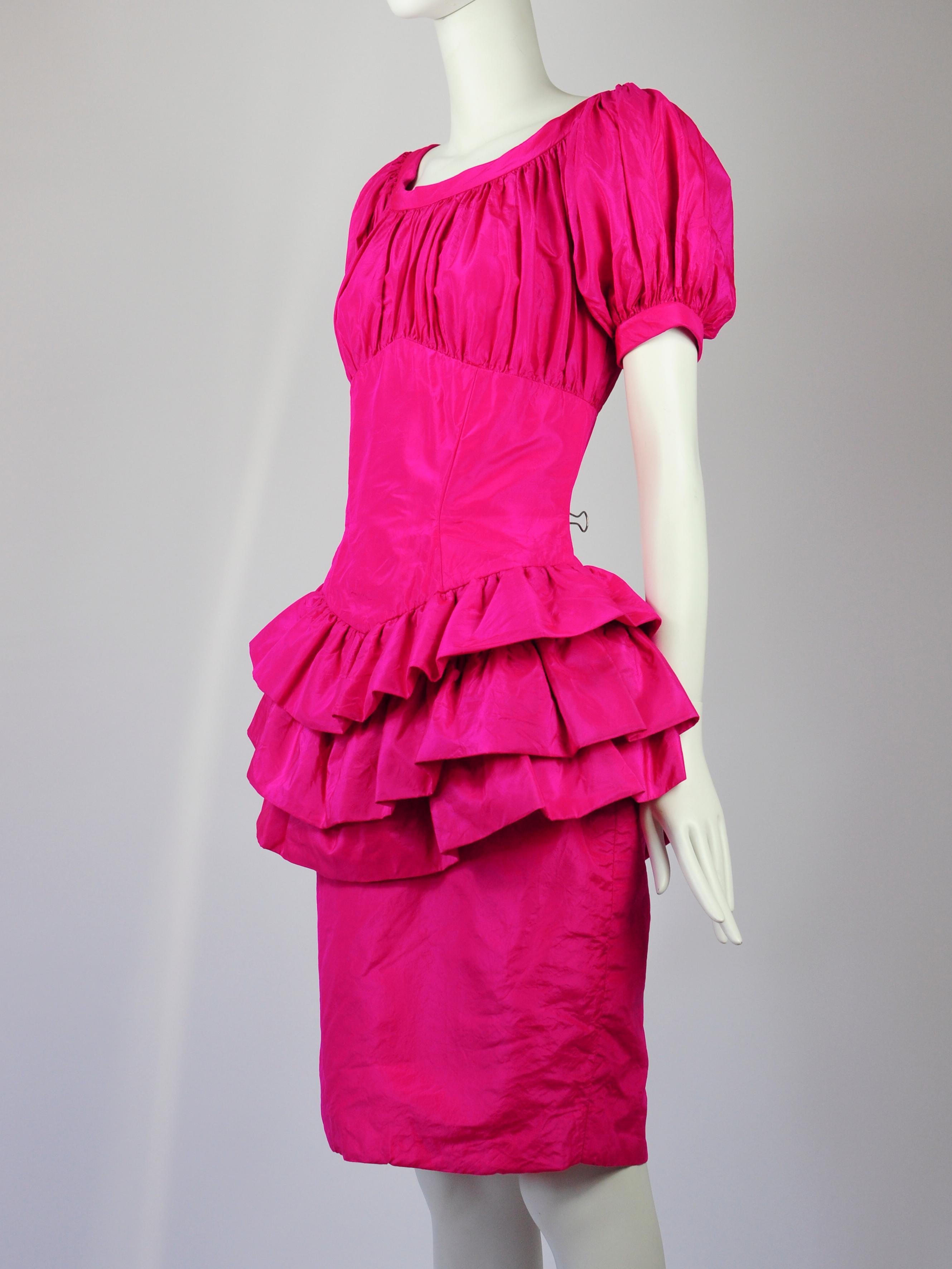 Vicky Tiel Couture Cocktail Dress Fuchsia Pink Silk Ruffles 1990s For Sale 2