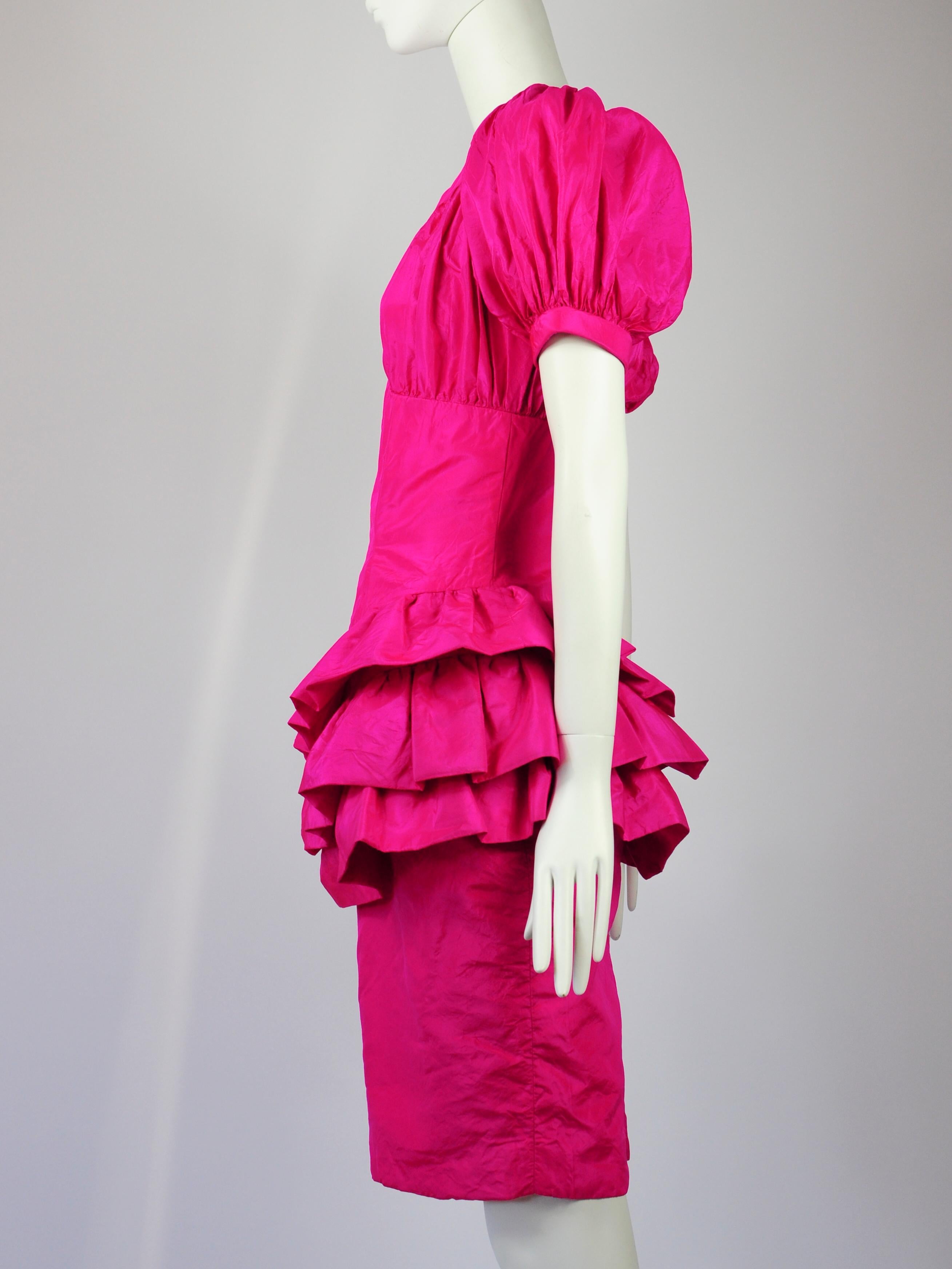 Vicky Tiel Couture Cocktail Dress Fuchsia Pink Silk Ruffles 1990s For Sale 3