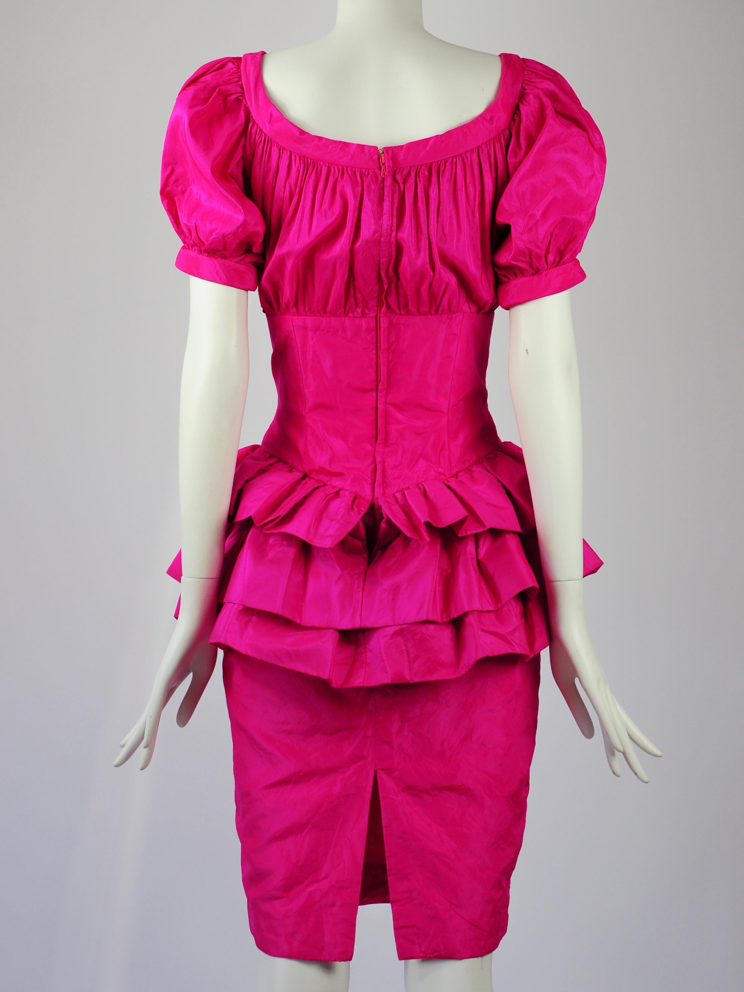 Vicky Tiel Couture Cocktail Dress Fuchsia Pink Silk Ruffles 1990s For Sale 4