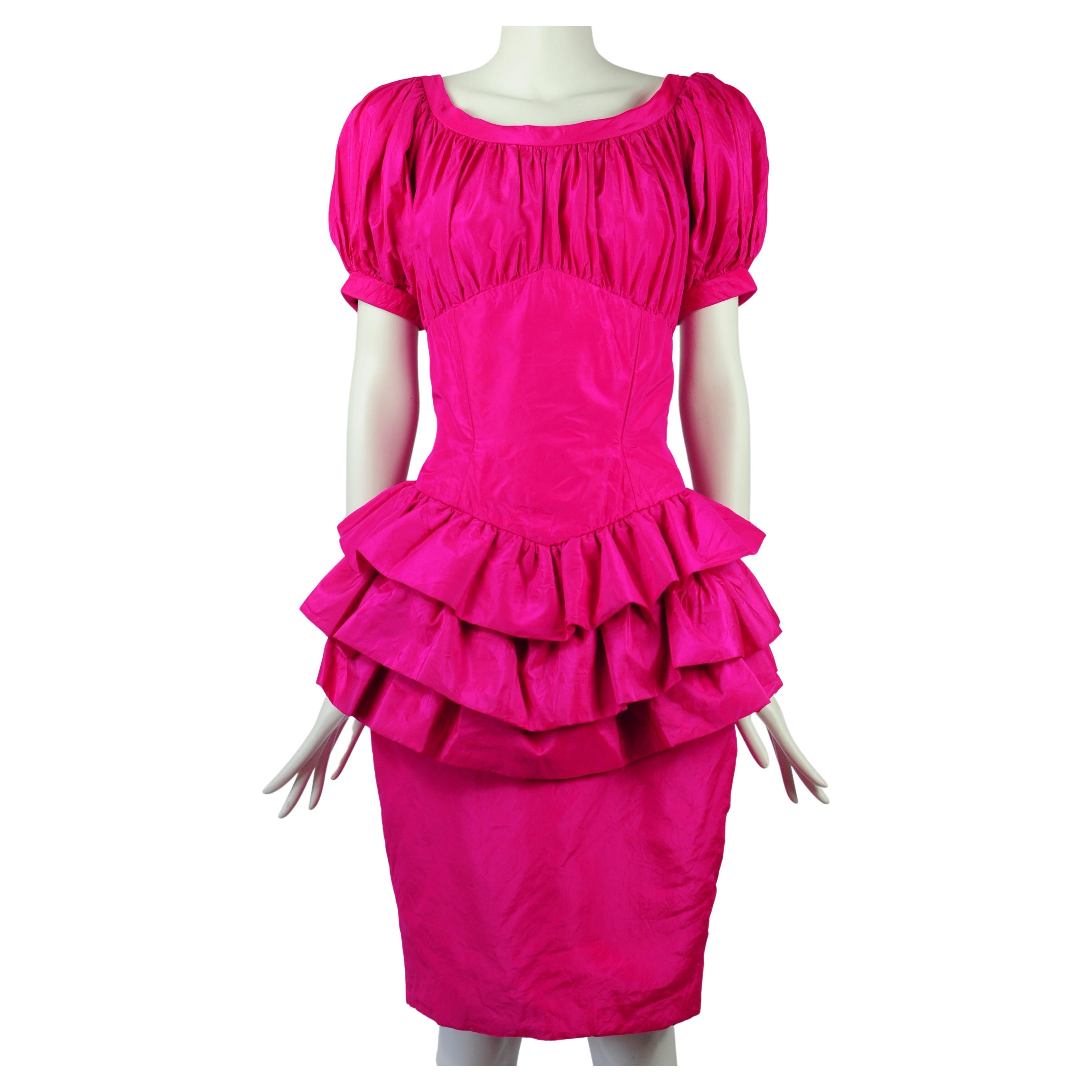 Vicky Tiel Couture Cocktail Dress Fuchsia Pink Silk Ruffles 1990s For Sale