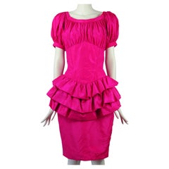 Vicky Tiel Couture Cocktail Dress Fuchsia Pink Silk Ruffles 1990s