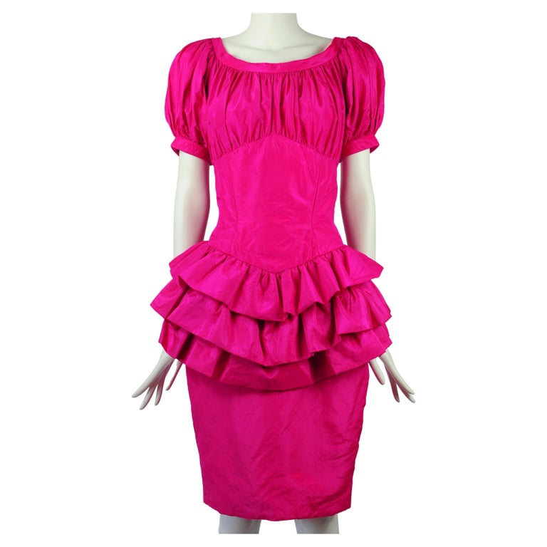 Vicky Tiel Couture Cocktail Dress Fuchsia Pink Silk Ruffles 1990s For ...