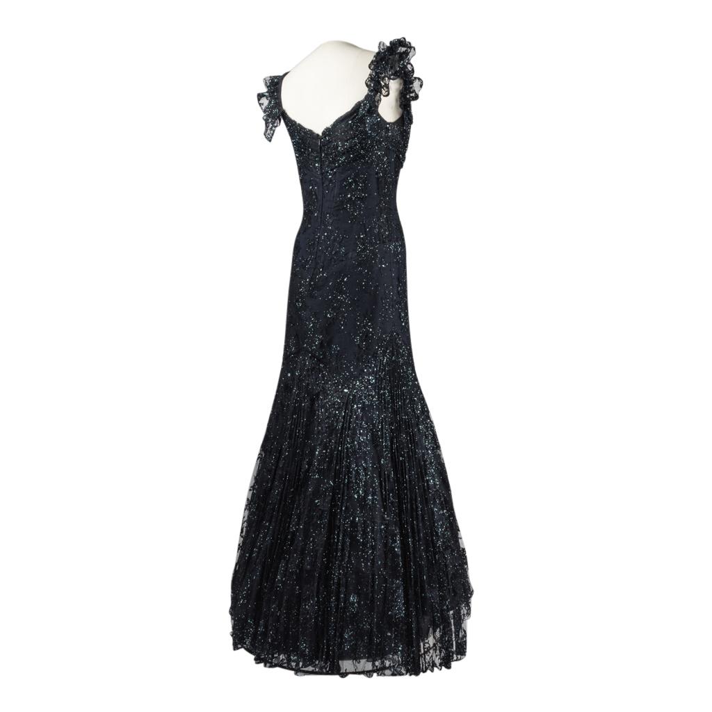 Women's Vicky Tiel Couture Gown Navy Lace Embellished Overlay Full Length FIts 8 to 10