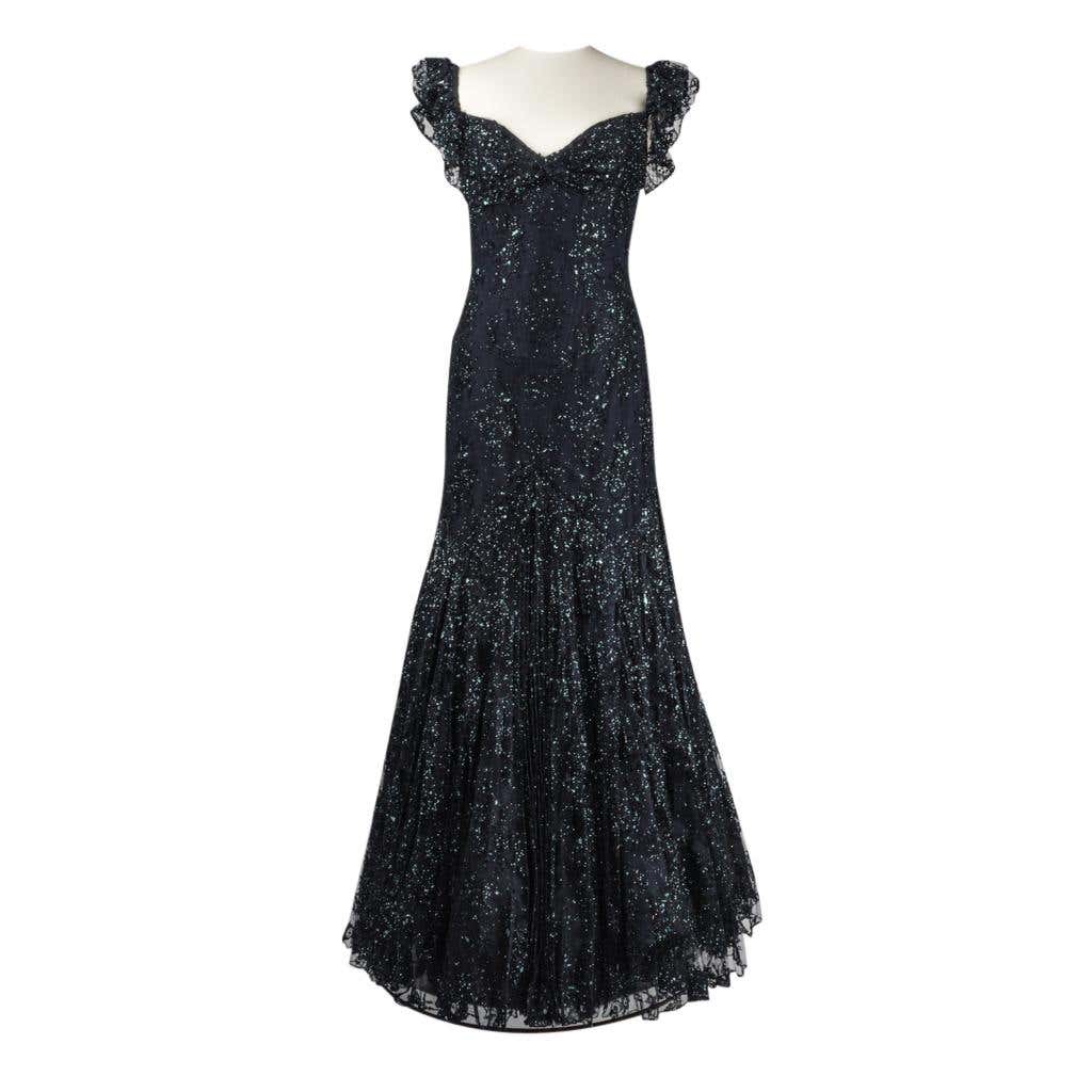 Vicky Tiel Couture Gown Navy Lace Embellished Overlay Full Length FIts ...
